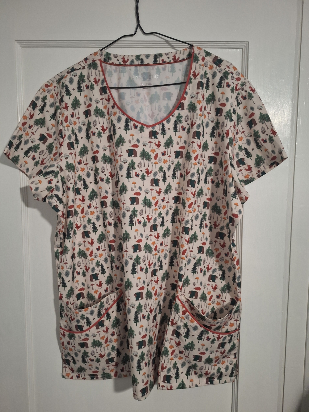 Forest Animals Print Scrub Top in Cream with Green & Rust